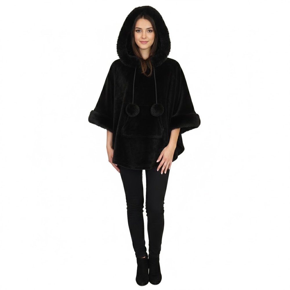 La Vie en Rose  Black Plush Hooded Cape with Pom Poms